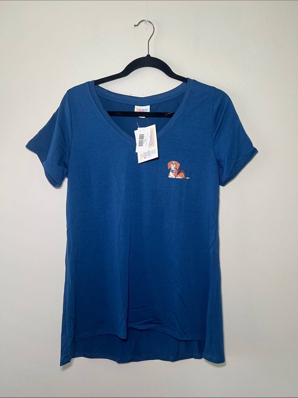 LuLaRoe Christy T Blue V-Neck with Small Dog & American Flag Bandana